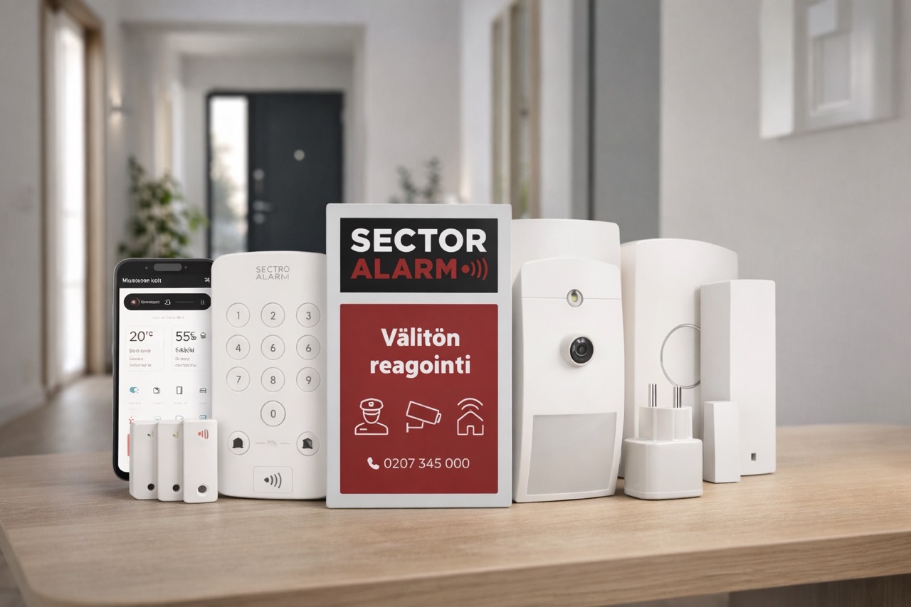 sector alarm aloituspaketti puisella pöydällä